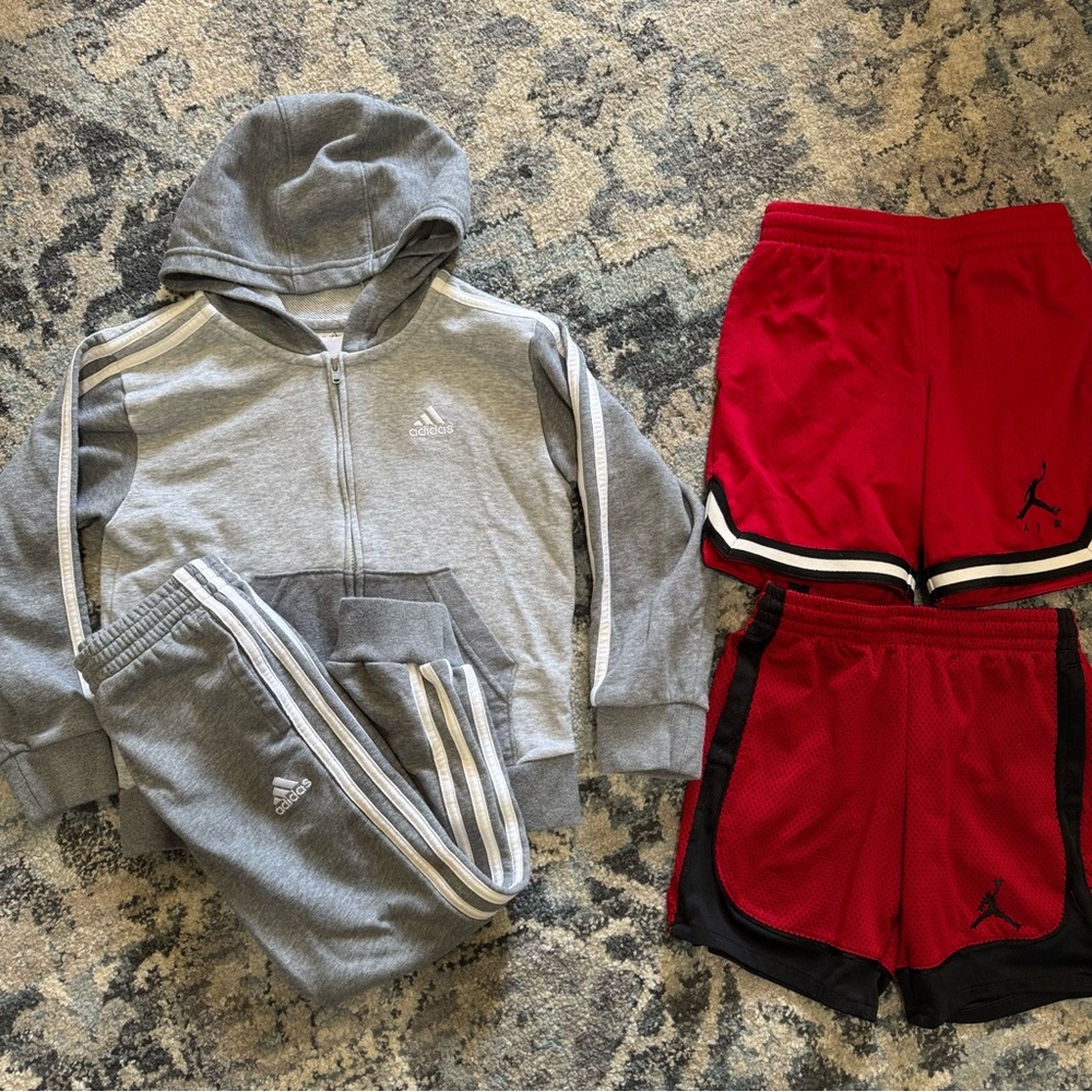 Adidas Kids Gray Hooded Tracksuit & Jordan Shorts 5